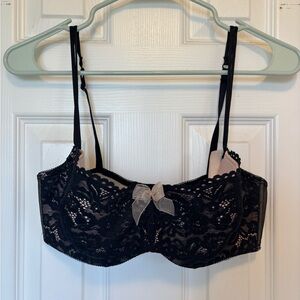 Black Lace Balconette Bra with Nude Lining and Sheer Bow